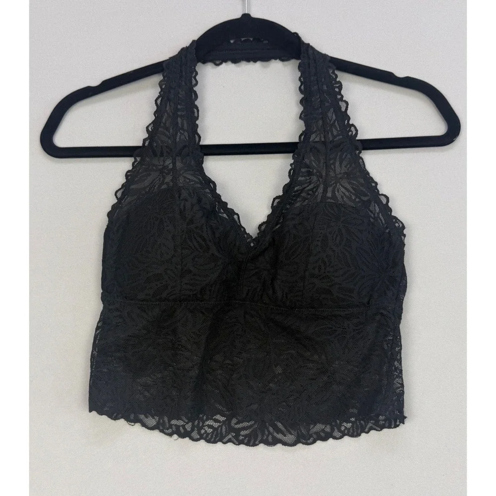 Aerie Firework Lace Padded Halter Bralette Crop Top Floral Romantic Medium Black